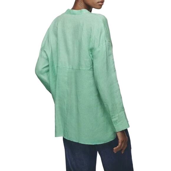 Zara Linen Shirt Women M Mint Green Asymmetric Relaxed Blouse Beach Resort Top - Picture 3 of 11